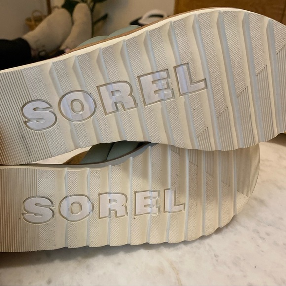 Sorel Ella II Puffer Slide Sandals Black Flat Sole Leather Cream & Green Size 6 - Picture 7 of 11